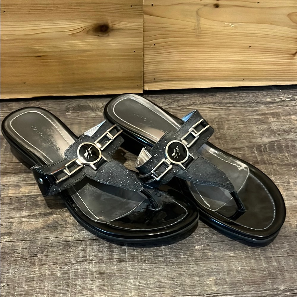 Marc Fisher Black Patent Thong Sandals with Glitter Straps and Logo Medallions